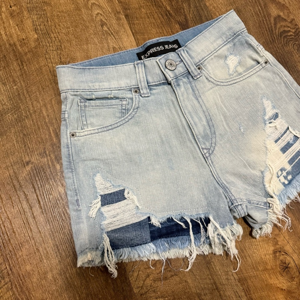 Express High Rise Patchwork Denim Jean Shorts Sz … - image 3